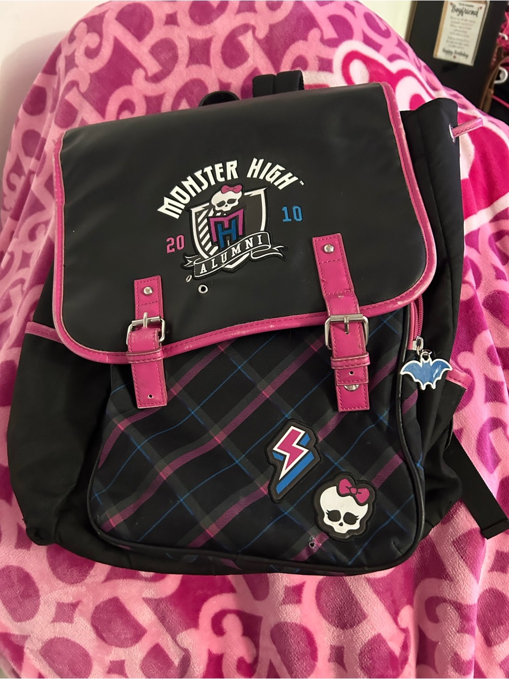 monster high black and hot pink backpack with patches